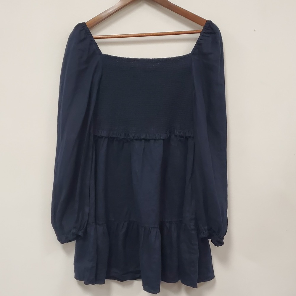 Quince Linen Smocked Mini Dress Size L Navy Blue Puff Long Sleeve Tiered Square